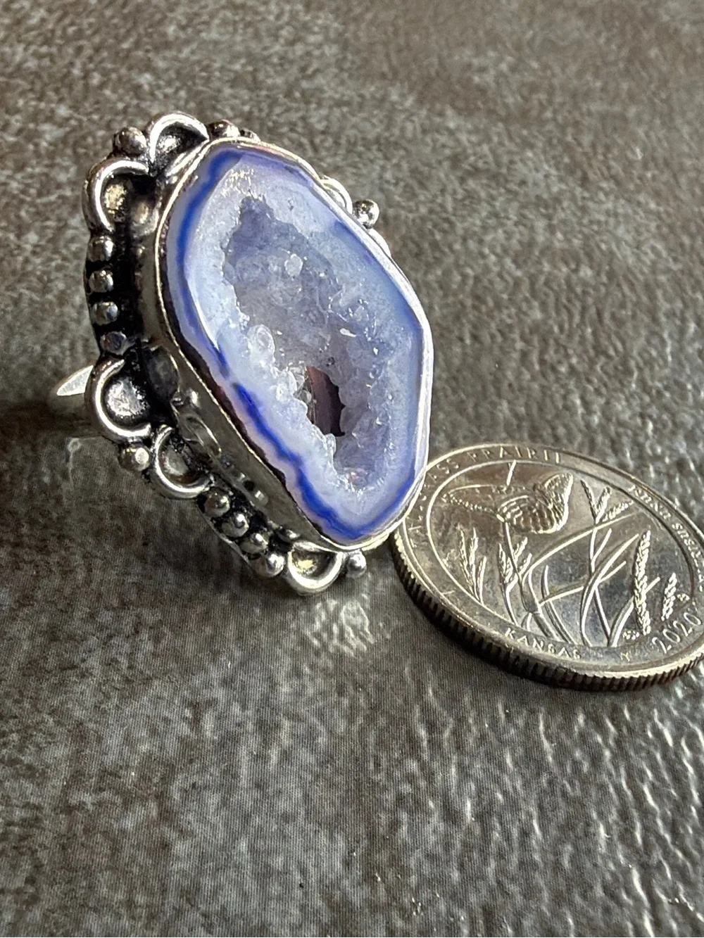 Boho Vintage Style Blue Druzy Agate Statement Ring Size 6 Silver 925 Plated - Picture 2 of 4